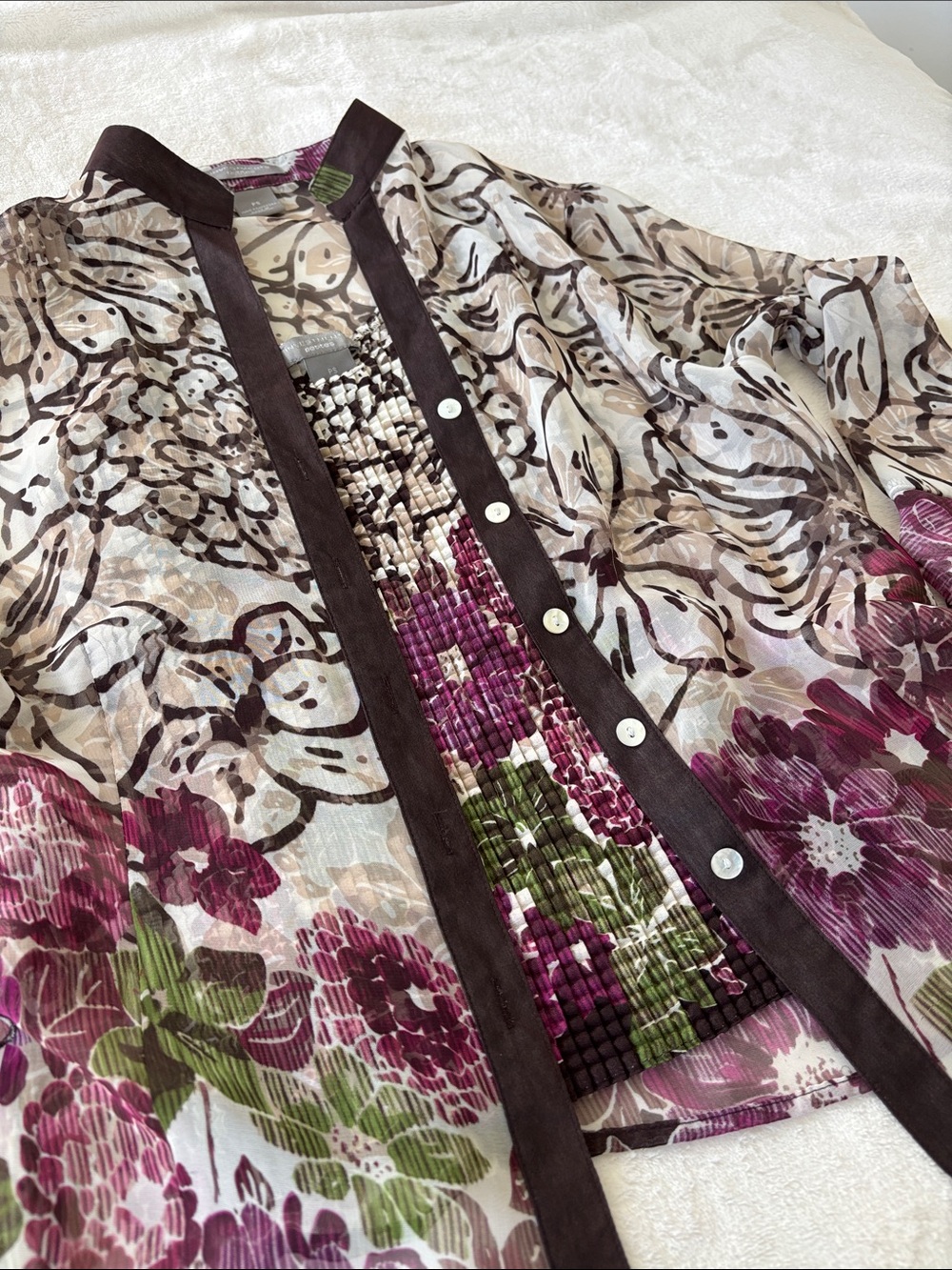 Investments Floral Sheer Button Jacket in Plum, Olive and Brown
